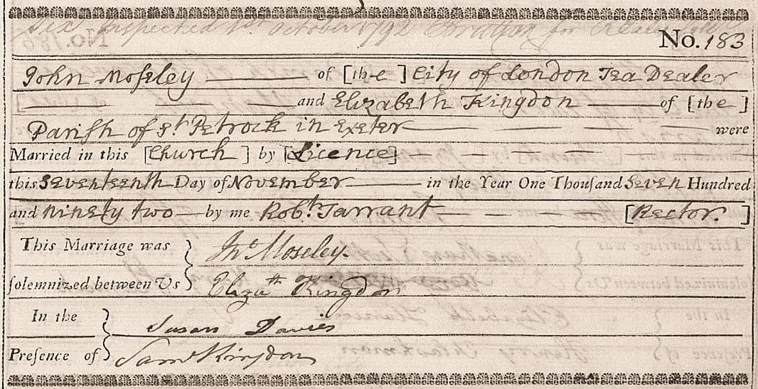 John Moseley married Elizabeth Kingdon, at Saint Petrock, Devon, England, 17 November, 1792.