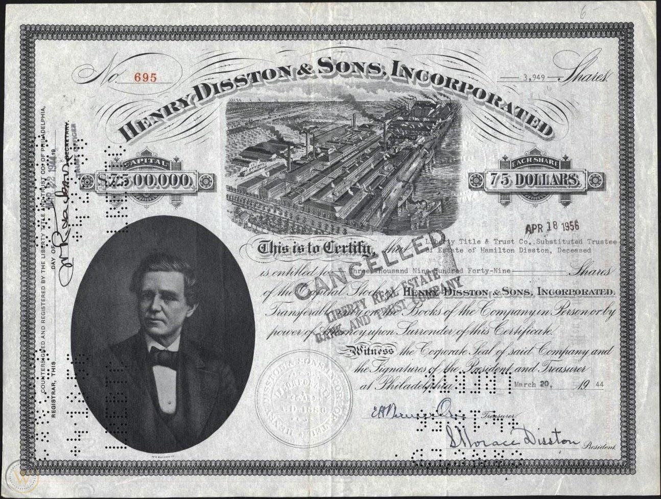 Disston.Stock.Certificate.1944.Worthpoint