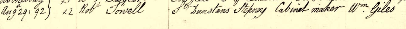 Apprentice.Indenture.Robert.Towell.Wm.Giles.Mile End.29.Aug.1792 Robert Towell II took on an apprentice in cabinetmaking, William Giles, on 29 August, 1792. Robert III was 3 years old.