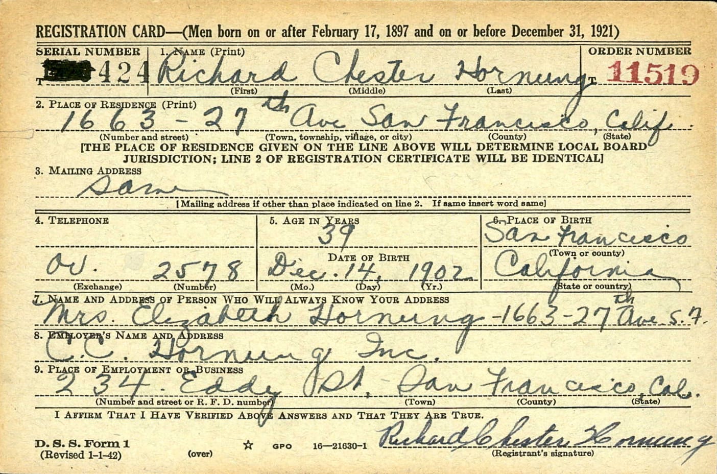 Richard.Hornung.WWII.Draft.Reg.Card