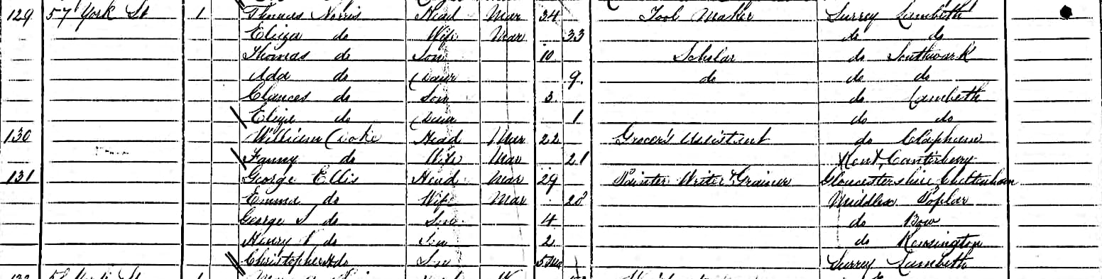 Norris,Family.and.2.Other.Families.57.York.St.Lambeth.1870 UK.Census