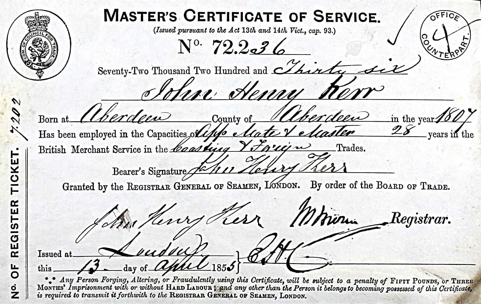 John.Henry.Kerr.Certifiacate.of.Service.13.April.1855