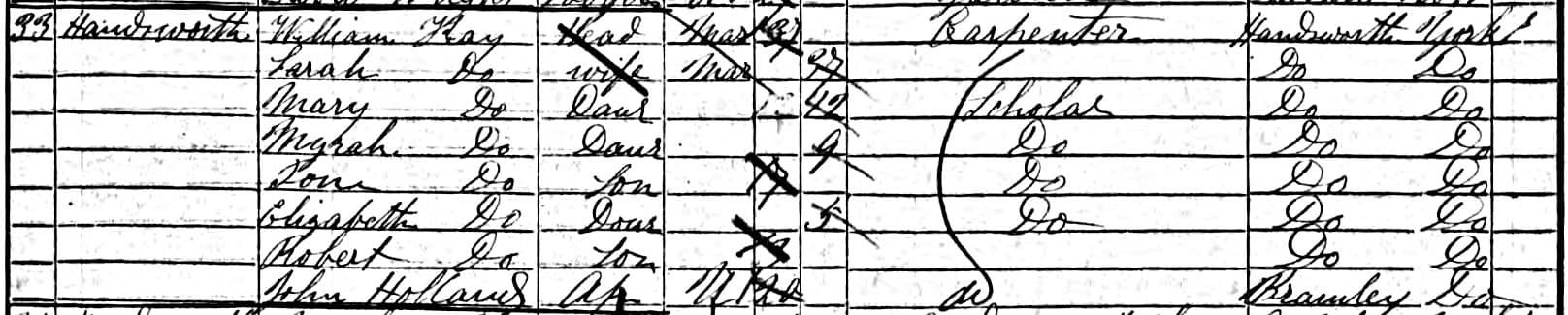John.Holland.33.Handsworth.Appr.Willm.Kay.Sheffield.Yorkshire.1851.UK.Census John Holland served an apprenticeship with William Kay, a carpenter who lived at 33 Handsworth, Sheffield, Yorkshire. 1851 U.K. Census.