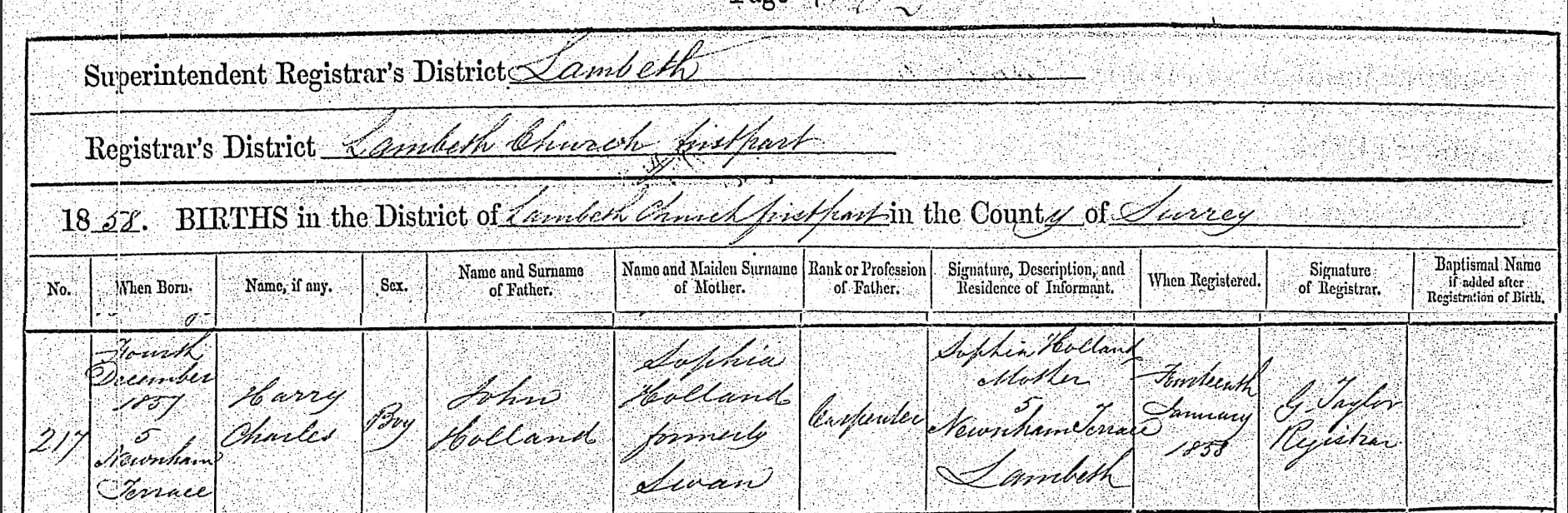 Harry.Charles.Holland.Birth.Lambeth.1858
