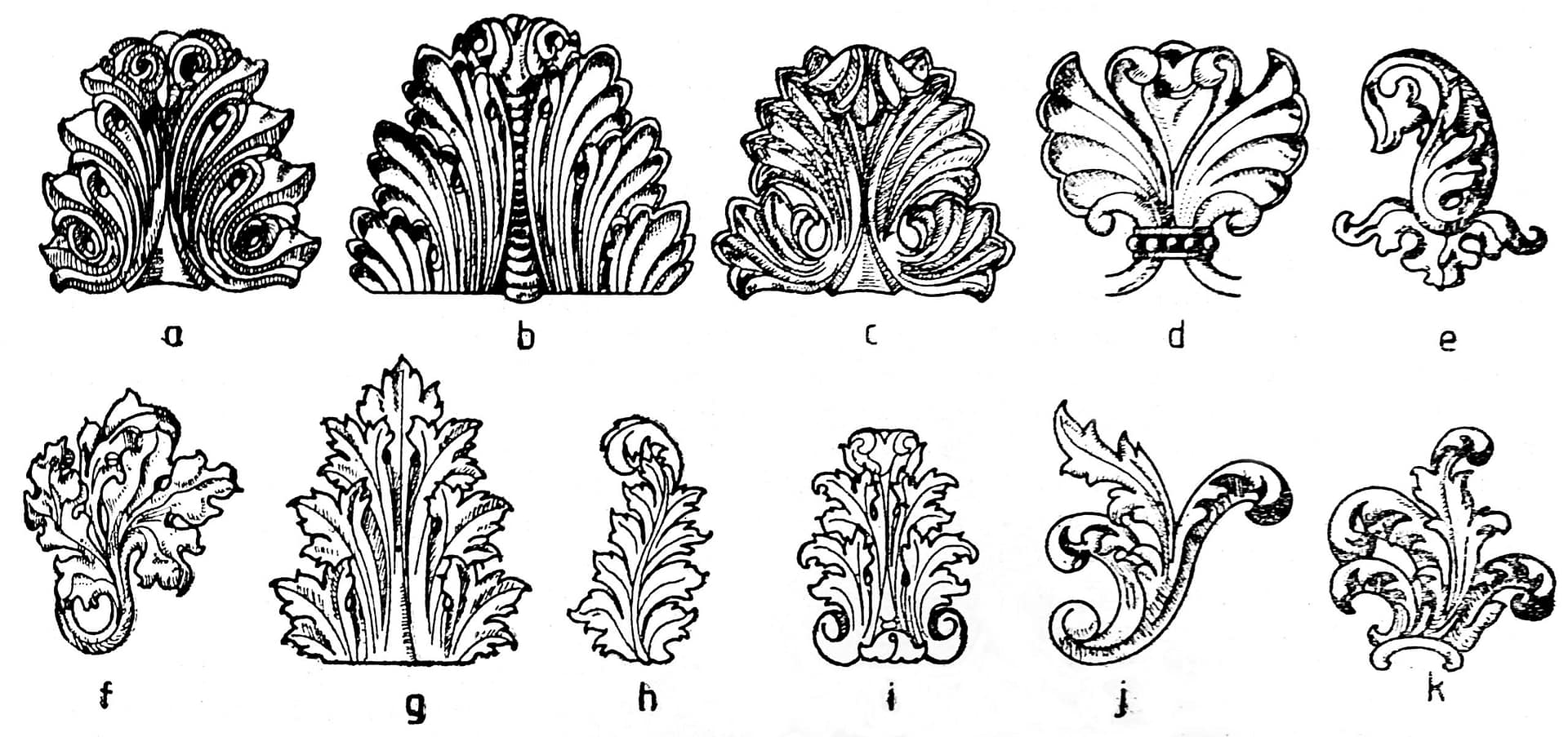 Timeline_of_acanthus_leafes_in_different_styles,_each_one_beaing_notated_with_a_letter._a-Greek,_b-Roman,_c-Byzantine,_d-Romanesque,_e,_f-Gothic,_g-Renaissance,_h,_i-Baroque,_j,_k-Rococo